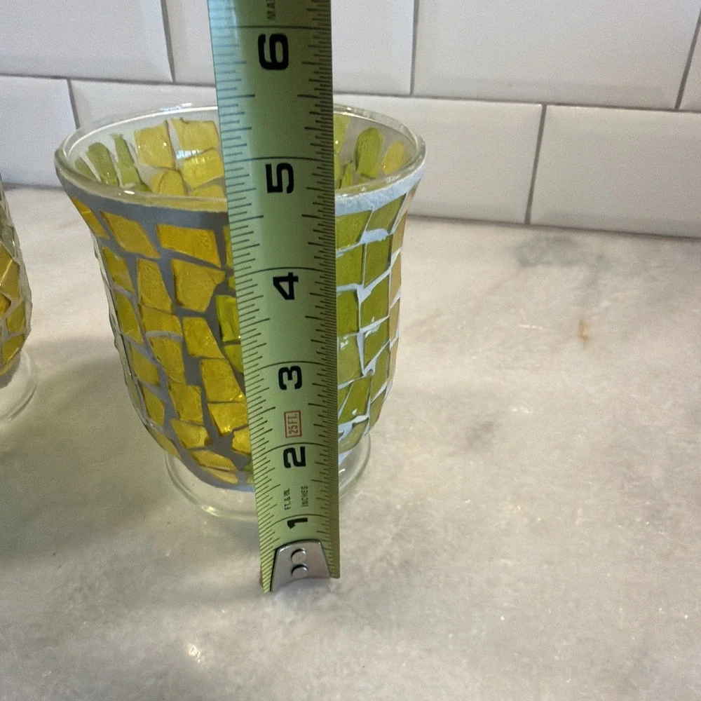 Set‎ Of 2 Vintage Hurricane Mosaic Green/yellow Glass Candle Holders ES003